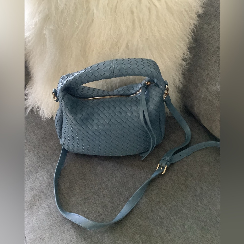 Woven Leather Shoulder Bag in Dusty Blue